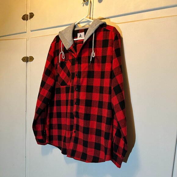 Red and Black Plaid Hooded Flanel Shirt - Picture 2 of 7